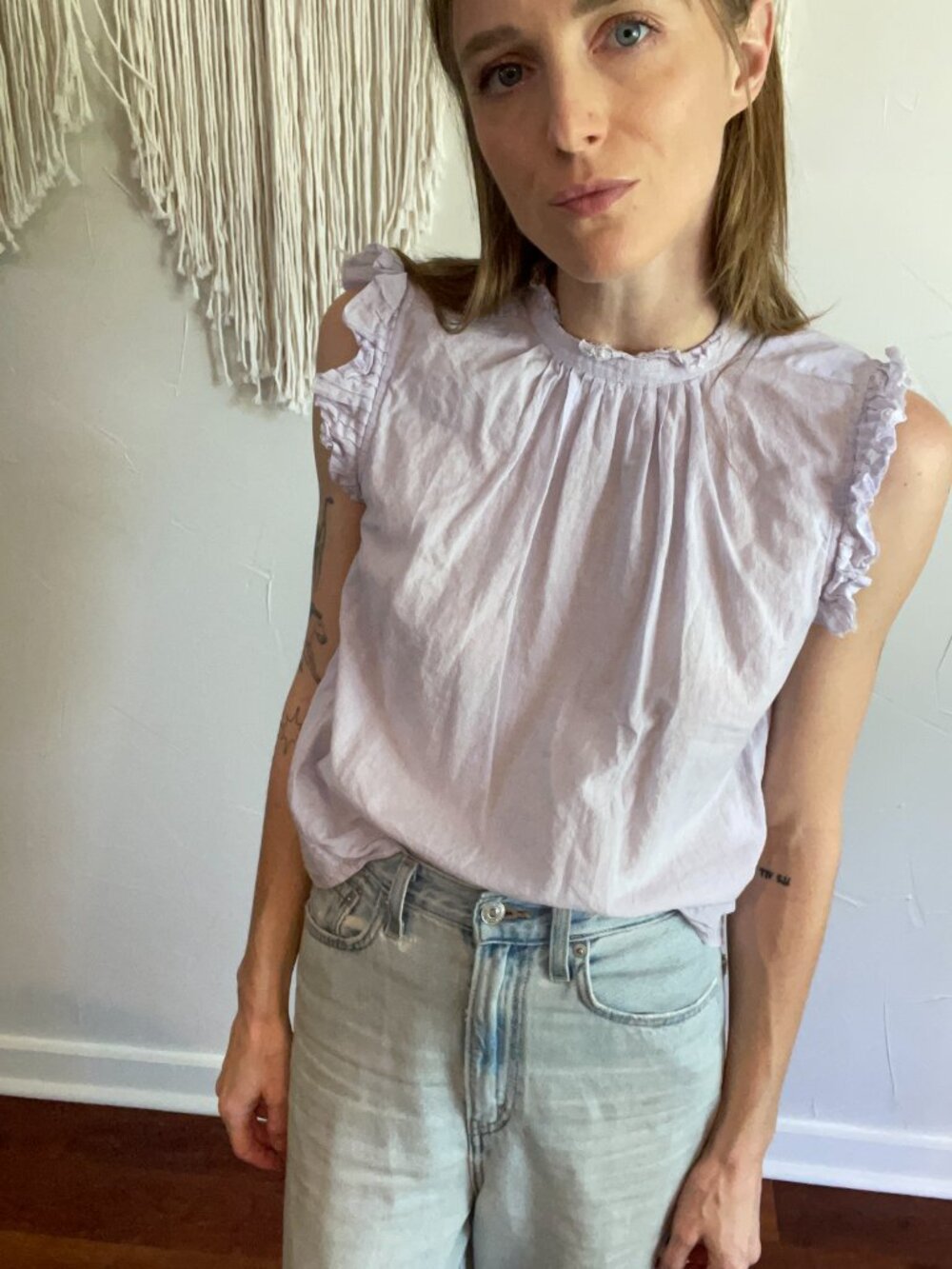 100% Cotton Light Blue Ruffle Cotton Sleeveless Blouse (Frame)